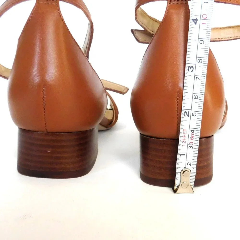 Talbots Open Toe Block 1"  Heel Camel Leather Shoes Sandals Size 7 Ankle Strap - Picture 6 of 10